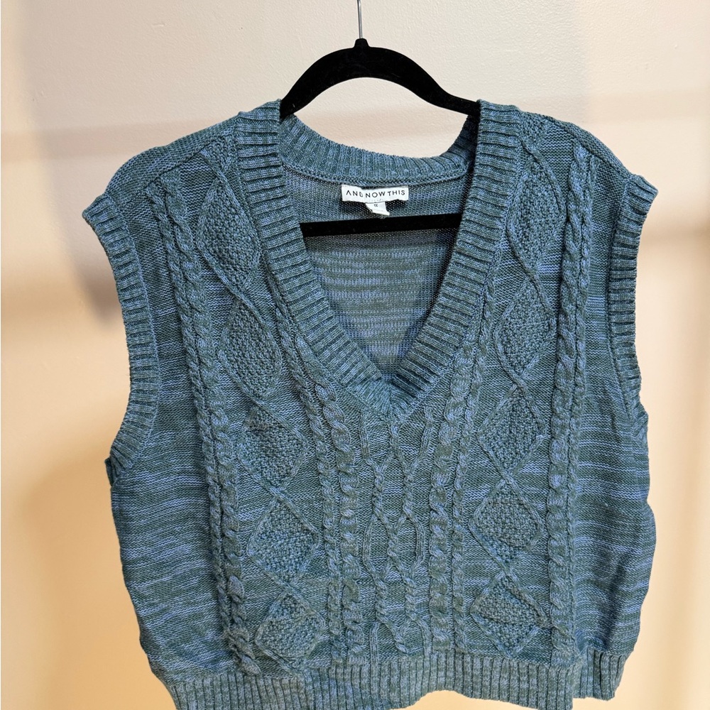 Green and Blue V-Neck Cable Knit Sweater